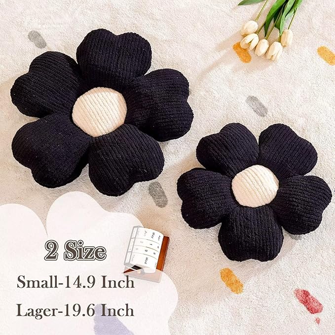 Kcvvcr Flower Throw Pillow, Cute Flower Shaped Pillow Decorative Throw Pillow for Bed Couch, Soft Daisy Pillows Floor Seating Cushion Cushions (19.6 Inch Black)