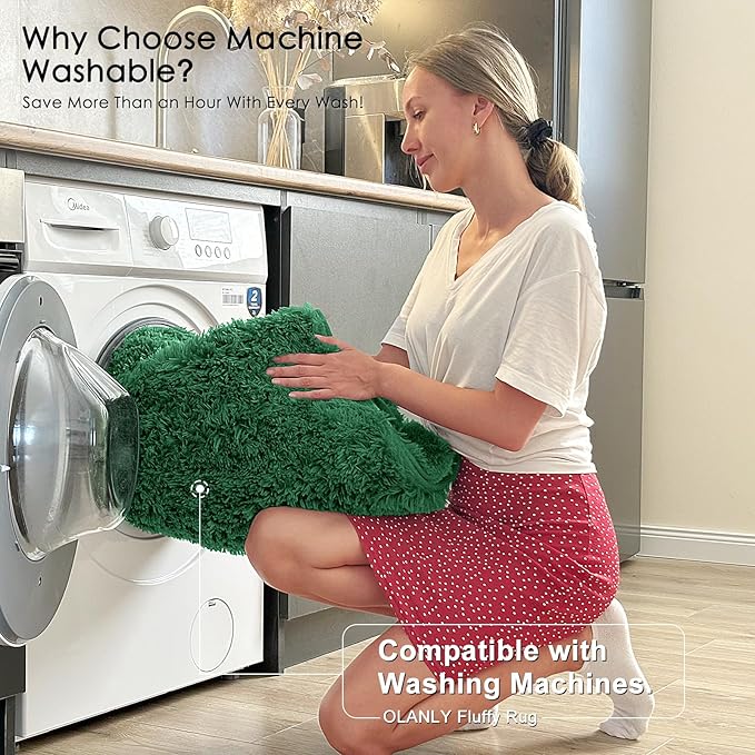 OLANLY 2x4 Machine Washable Runner Rugs for Hallway, Soft Fluffy Shaggy Bedside Rugs for Bedroom, Living Room, Indoor Floor Carpet for Kids Girls Boys, Nursery Rooms, Home Decor Aesthetic, Dark Green