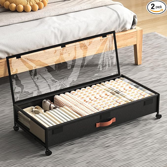 Under Bed Storage with Wheels, XXXL Larger Under Bed Storage Containers with Clear Lids, 36'' Lengthen Under Bed Shoe Organizer, Rolling for Shoes Clothes (Black 1 Pack, XXXL(36"x16.6"x7.48"))