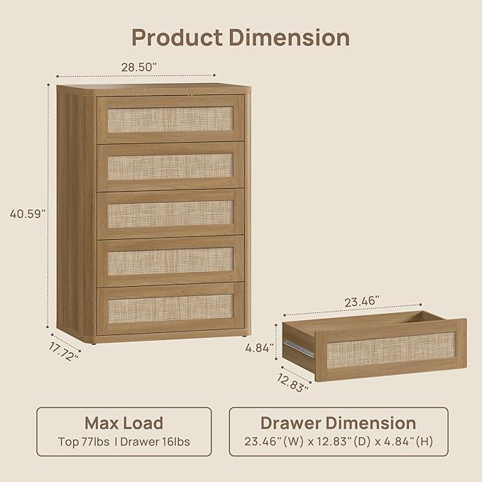 SICOTAS Tall Dresser for Bedroom - Rattan 5 Drawer Dressers Chest of Drawers with Push-to-Open Design, Modern Extra Deep Clothes Dresser with Large Storage for Closet, Living Room, Amber Oak, 2PCS