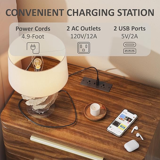 Nightstand Bedside Table with 3 Storage Drawers, 24" Tall Wood Night Stand with Charging Station, Modern Wide End Table Side Table W/Metal Handle Curved Profile for Bedroom