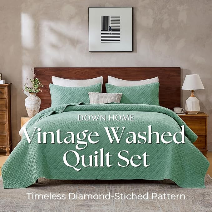 Queen Quilt Set with Shams Lightweight Quilted Bedspread Coverlet Thin Comforter Bed Cover Vintage Washed Quilted Blanket for All Season, Brushed Microfiber Diamond Stitching, Green, 88"x92"