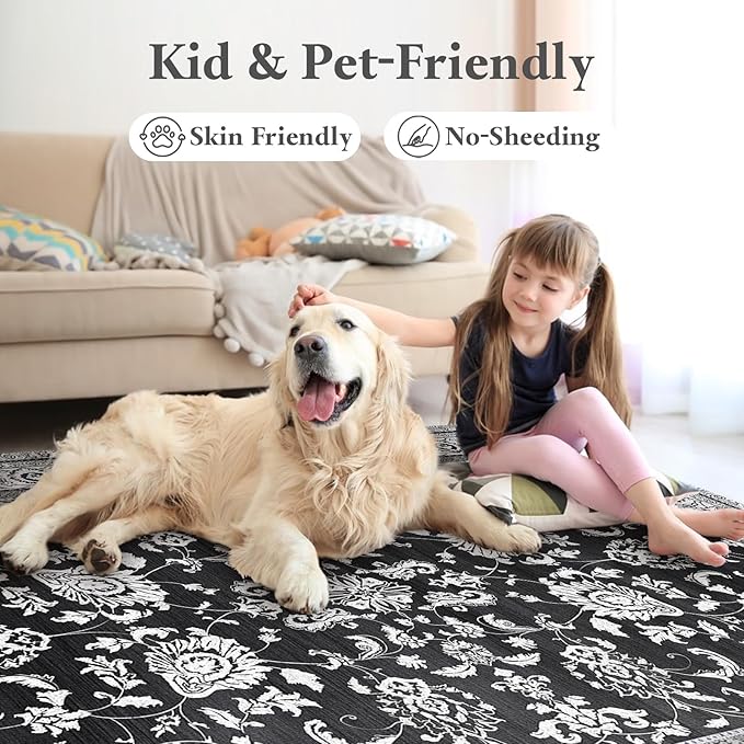 Area Rugs 5x7 Machine Washable Floral Rug Non Silp Faux Wool Vintage Soft Black Carpet for Living Room Dinning Room Bedroom Rug Under Bed Floor | Black White