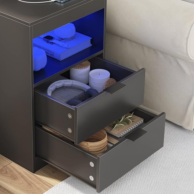 Tiptiper Black Nightstand with Wireless Charging Station and LED Lights, Bedside Table with 2 Drawers, Open Storage, 1 Pull-Out Tray, End Side Table with Charging Station, LED Night Stand with Storage