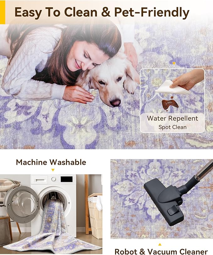 Area Rugs 2'x10' Washable Non-Slip, Floral Vintage Distress Print Pattern Medallion Carpet for Living Room Bedroom Dining Room, Light Purple Brown