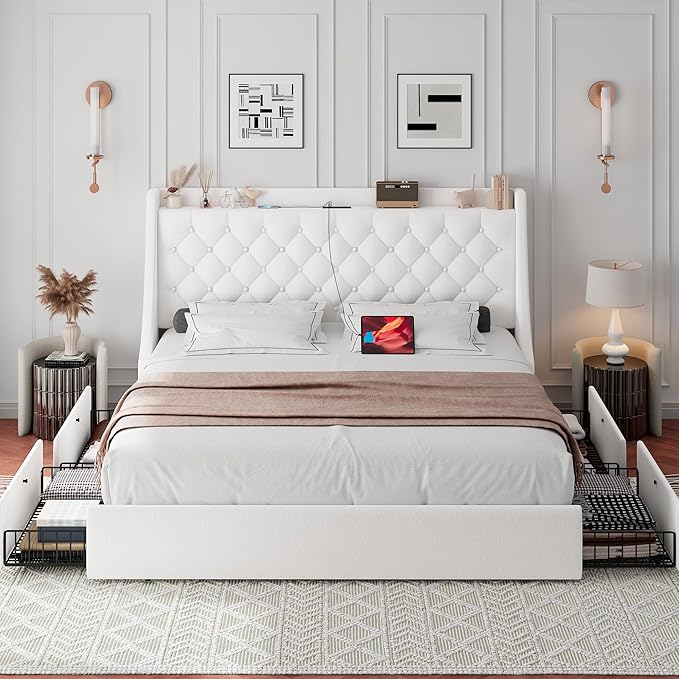 iPormis Full Size Bed Frame with 4 Storage Drawers, Upholstered Platform Bed Frame with Type-C & USB Ports, Wingback Storage Headboard, Solid Wood Slats, No Box Spring Needed, White