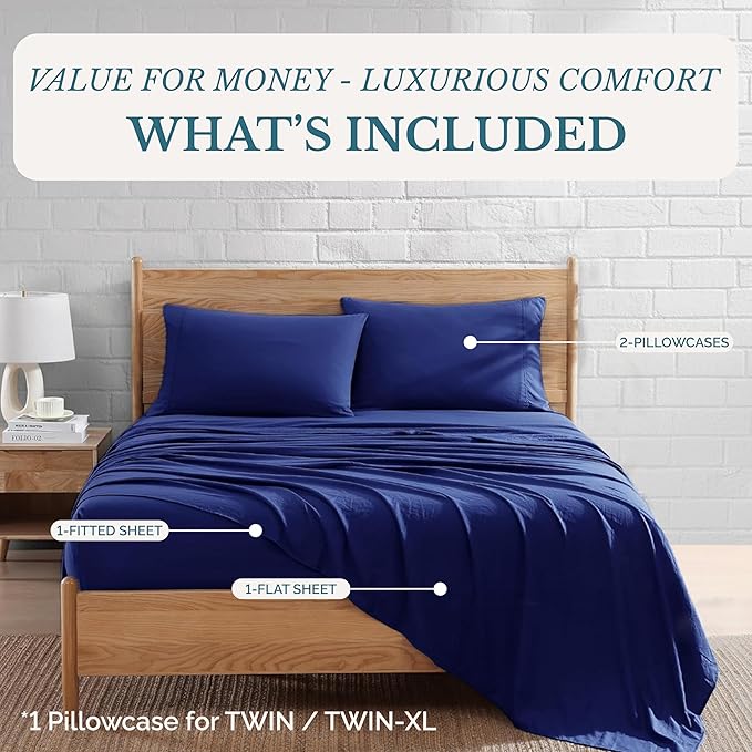 Casa Platino Twin Sheet Set, Pre-Washed Ultra Soft & Breathable Bed Sheets Twin Size, Brushed Microfiber Twin Sheets, Fade Resistant, Sheets Twin Size Bed Set with Deep Pockets - Navy