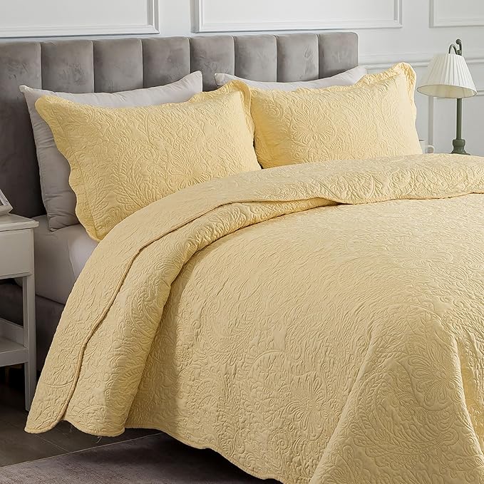 HoneiLife King Size Quilt Sets - 3 Piece Microfiber Quilt Set Lightweight Bedspreads Reversible Coverlets Rustic Bed Cover King Quilt Bedding Set All Season Quilts-Yellow
