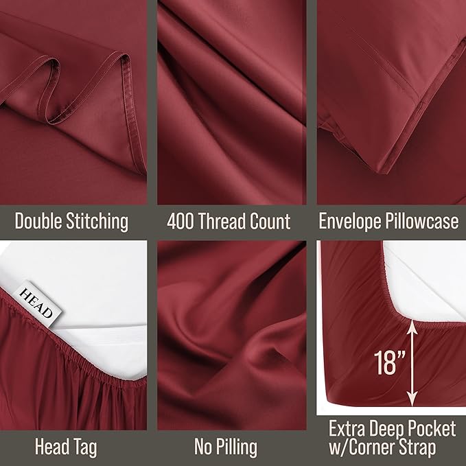 Bella Coterie 7 Piece Luxury Bamboo Viscose Split King Size Sheet Set | 2 Fitted Sheets for Adjustable Beds | 100% Organically Grown | Cooling for Hot Sleepers | 4 Pillowcases [Merlot]