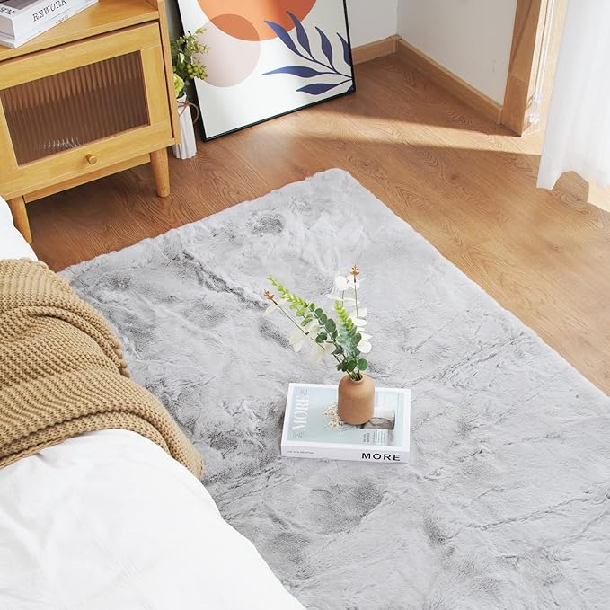 Latepis Grey Fluffy 4x6 Gray Rugs for Bedroom Faux Rabbit Fur Rug Washable Rugs Shag Rug for Living Room, Dorm, Playing Room, Nursery Room