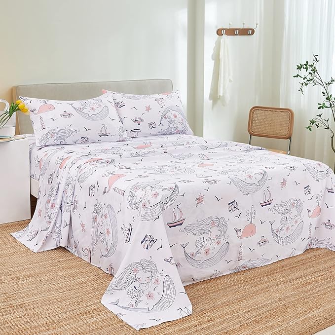 JSD Mermaid Whale Kids Sheet Set Full Size, 4 Piece Ocean Theme Microfiber Sheets for Girls Deep Pocket