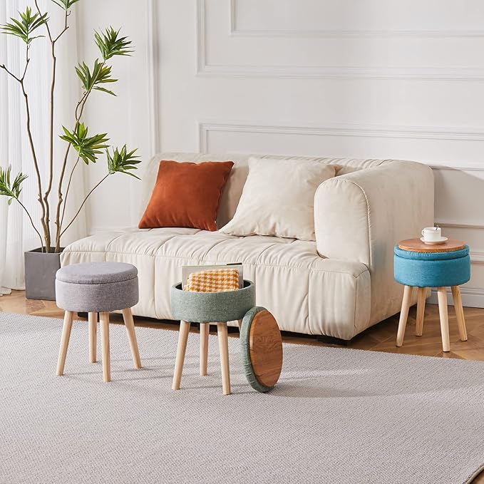 Mxfurhawa Storage Ottoman Linen Round Vanity Stool Tray Top Modern Foot Stool with Wood Legs Multifunctional Upholstered Foot Ottoman Rest for Living Room, Bathroom, Makeup (Grey)