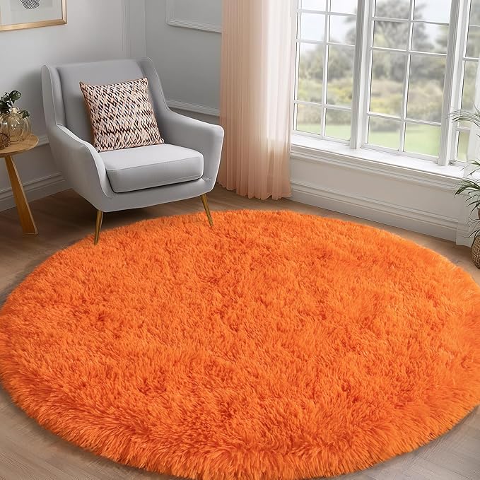 Round Orange Rug for Bedroom, 6 ft Circle Area Rugs for Living Room, Soft Fluffy Shag Carpet for Teen Girls Boys Nursery Room Dorm Home Decor Aesthetic