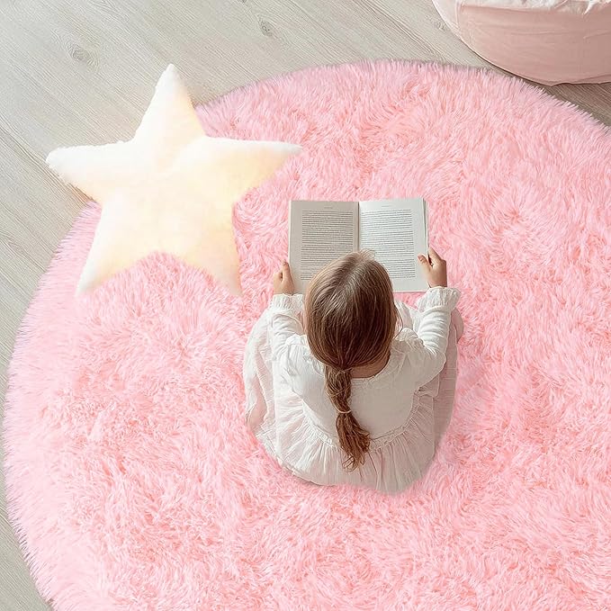 Round Fluffy Pink Rug for Bedroom, 5Ft Fuzzy Shag Circle Area Rug for Girls Kids Room Nursery, Soft Non Slip Plush Carpet for Dorm Living Room Home Decor