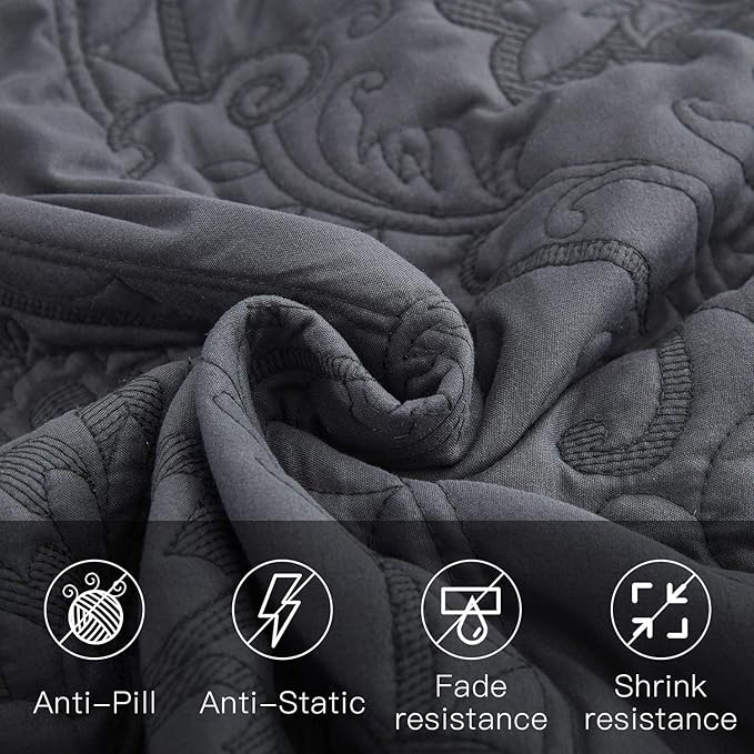 CHIXIN Bedspread Coverlet Set Queen Size - Lightweight Bedding Cover - Beautiful Stitching - 5 Piece Reversible Bedspread - Gorgeous Damask Paisley Pattern (Queen, Dark Grey)