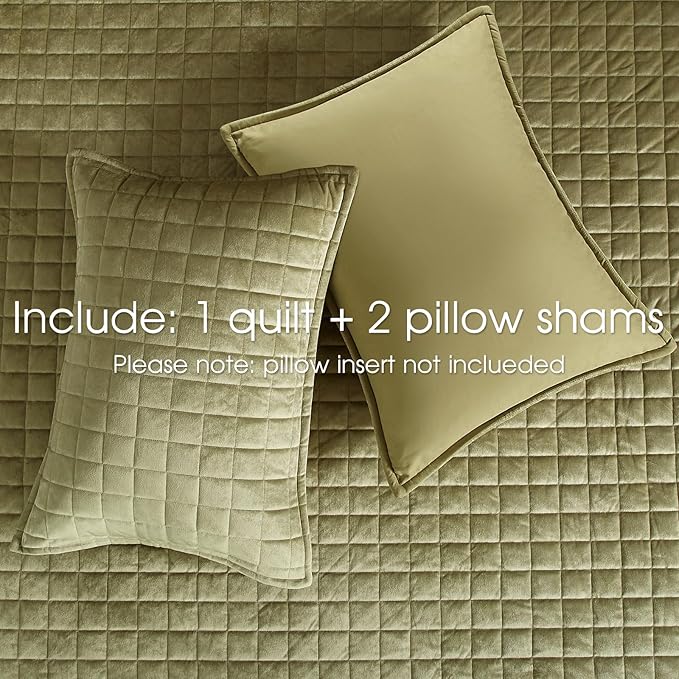 Powdion Velvet Quilt King,Luxurious King Size Quilt Bedding Set 3 Pieces Soft Lightweight Bedspreads Coverlet for All Seasons with 2 Pillow Shams,90x104 Vintage Olive Green Quilt King