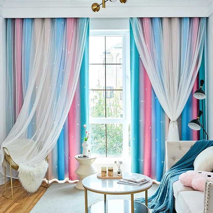 Star Blackout Curtains for Bedroom - Cute Kids Rainbow Curtains, 63 Inch Long 2 Panels, Beige, Blue & Pink