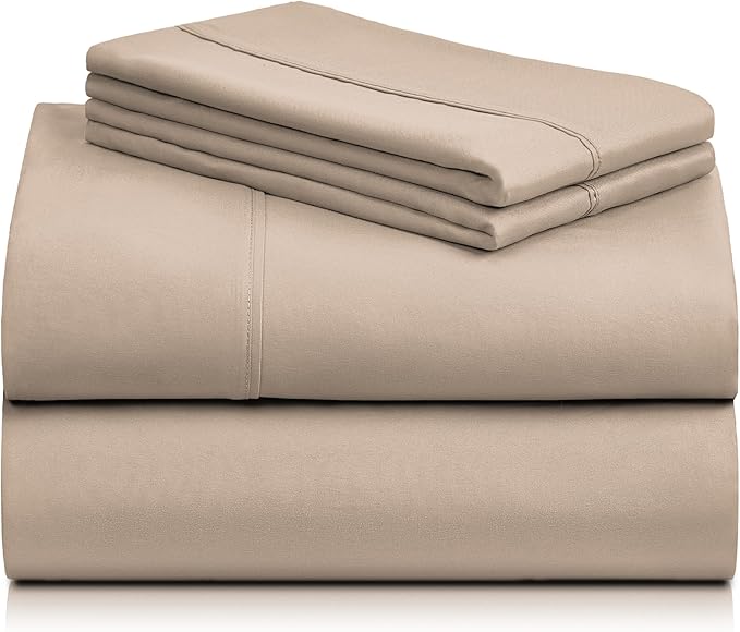 LuxClub 4 PC King Sheet Set, Deep Pockets Wrinkle Free Cooling Bed Sheets Hotel Bedding for Women, Men, Includes 1 Fitted Sheet, 1 Flat Sheet and 2 Pillowcases-Silky Soft Light Khaki