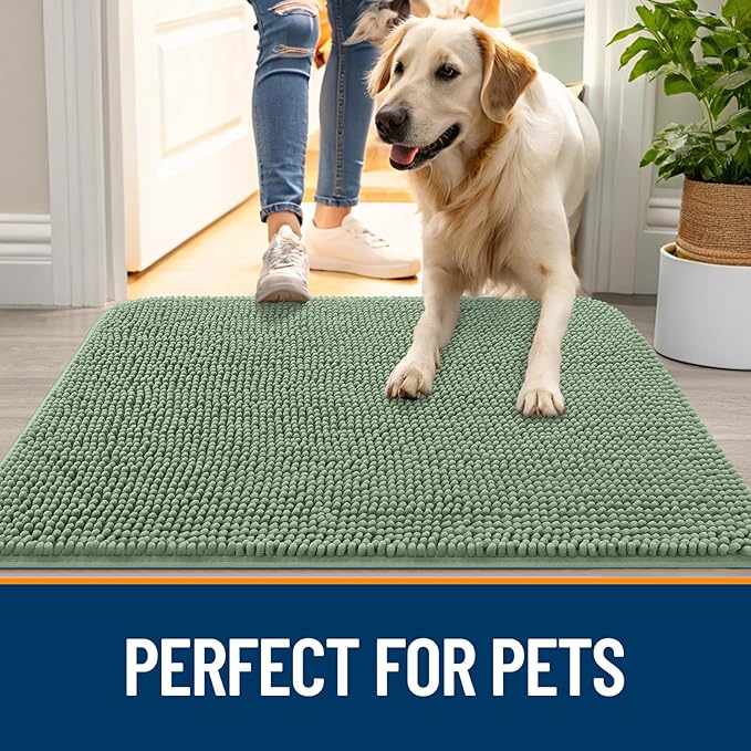 OLANLY Dog Door Mat for Muddy Paws 70x35, Absorbs Moisture and Dirt, Absorbent Non-Slip Washable Doormat, Quick Dry Chenille Mud Mat, Entry Indoor Entryway Carpet for Inside Floor, Olive Green