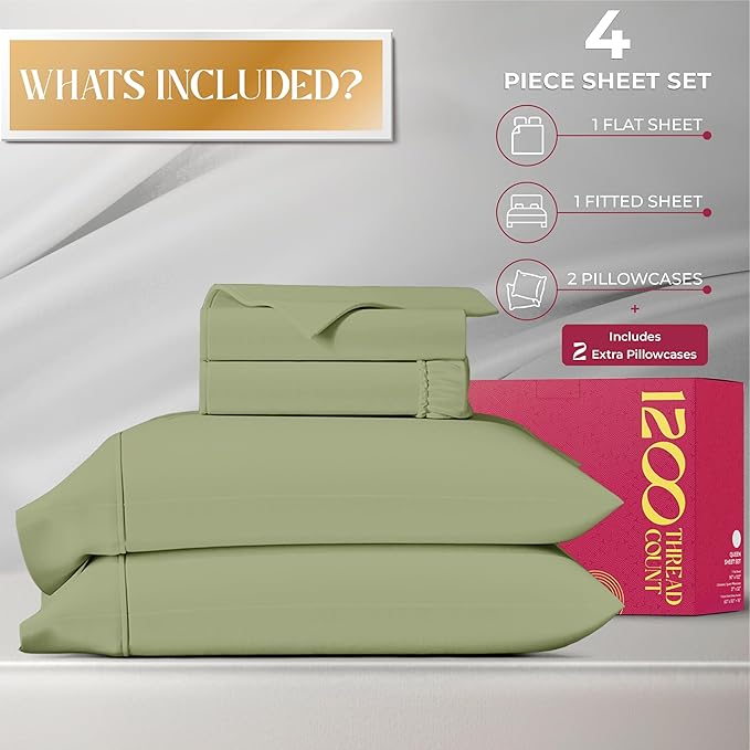 Mayfair Linen 100% Egyptian Cotton Queen Sheet set - Luxury 1200 High Thread Count Egyptian Cotton Sheets Queen Size (4 PC, Sage Green), Silky Soft, Cooling, 17" Deep Pocket Sateen Weave Hotel Bedding