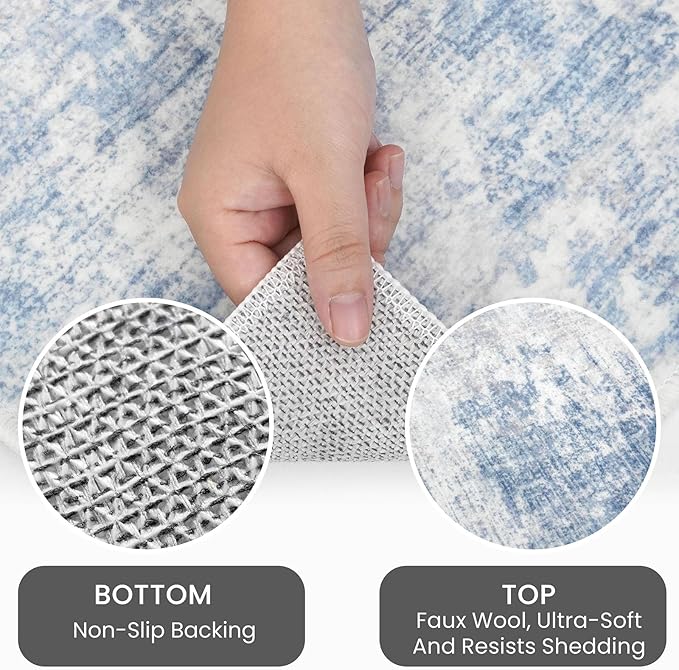 IOHOUZE Abstract Runner Rug 2x8 Ft Washable Runners for Hallways, Non Slip Kitchen Runner Printed Faux Wool Entryway Runner Indoor, Modern Floor Carpet for Hall Kitchen Bedroom, Light Blue White