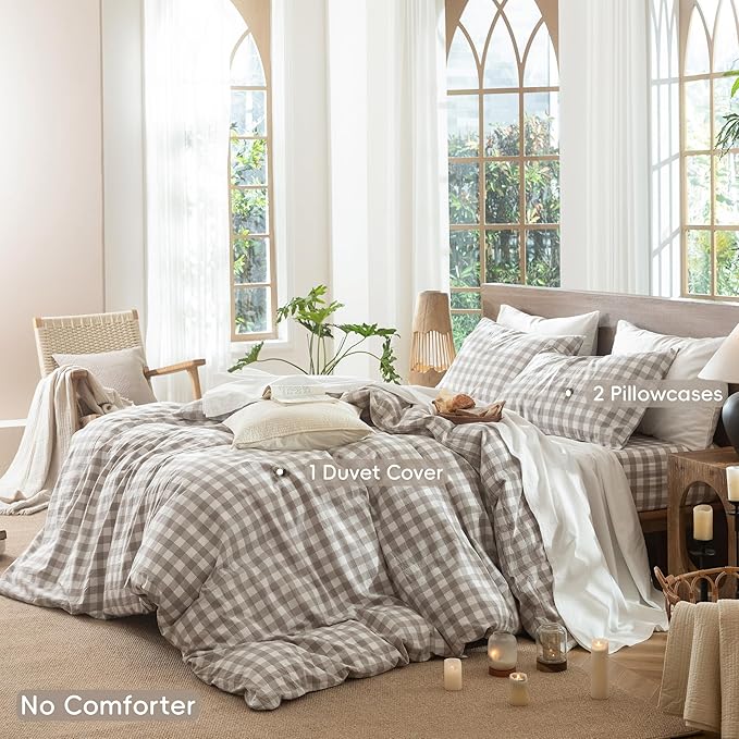 MooMee Gingham Duvet Cover Set 100% Washed Cotton Linen Like Textured Breathable Durable Soft Comfy Modern Checkered Design (Buffalo Plaid Tannish Linen Grey, Oversized Full 82"x86")