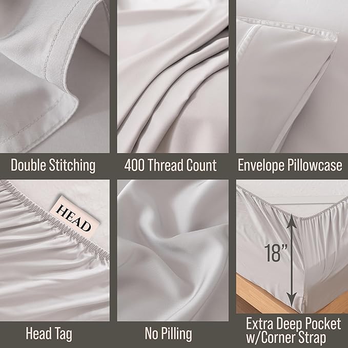 Bella Coterie 6 Piece Luxury Bamboo Viscose California King Size Sheet Set | 100% Organically Grown | Cooling for Hot Sleepers | 18" Deep Pocket | Soft & Hypoallergenic | 4 Pillowcases [Grey Mist]