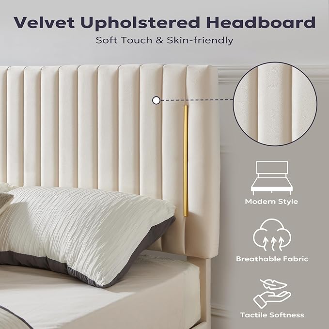 Twin Platform Bed Frame, Velvet Upholstered Bedframe with Vertical Channel Adjustable Headboard, Golden Plating Trim, Mattress Foundation with Wooden Slats, No Box Spring Needed, Beige