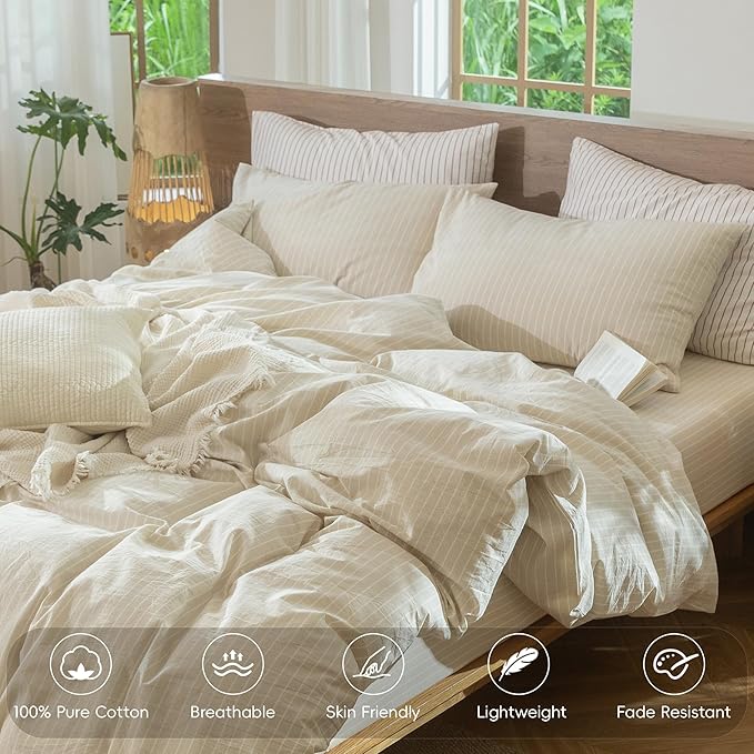 MooMee Striped Duvet Cover Set 100% Washed Cotton Linen Like Textured Breathable Durable Soft Comfy (Almond Milk Grey White Wide Stripes, Cal King 104"x98")