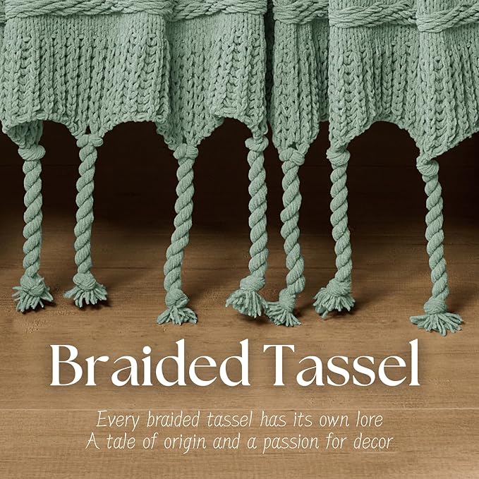 Boho Knitted Chenille Blanket with Tassels - Lightweight & Soft All-Season Throw - 3D Classic Pattern for Living Room Bedroom Couch, Sage Green, Twin 60"x80"