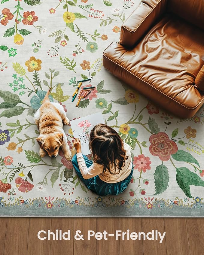 Amada 6x9 Area Rugs, Non-Slip & Low-Profile Living Room Rug with Reinforced Edge Binding, Soft Large Washable Boho Floral Rugs for Living Room, Bedroom, Dining Room