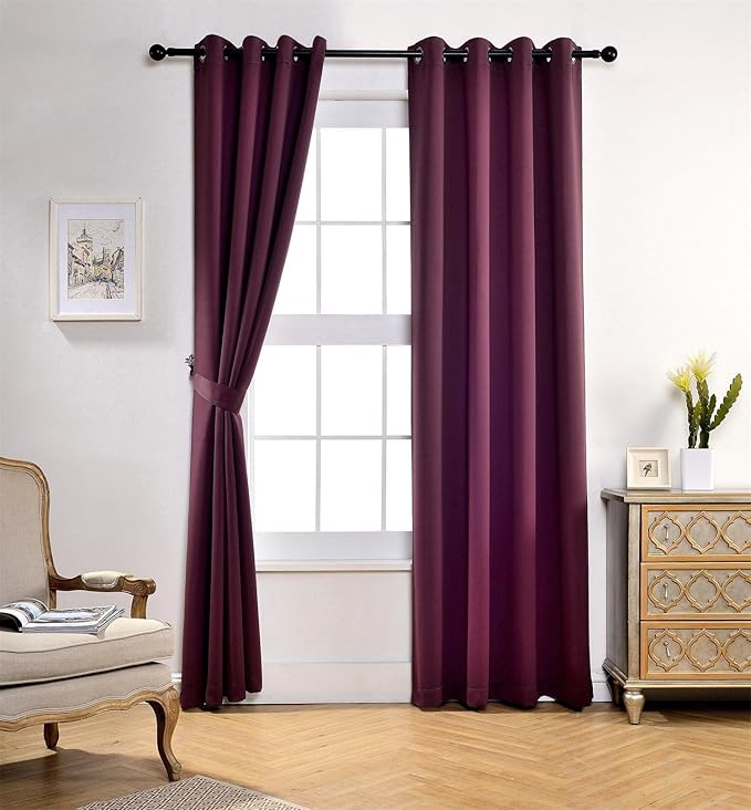 MIUCO Room Darkening Grommet Thermal Insulated Blackout Window Curtains Panels for Bedroom Set of 2 52x95 Inch Aubergine, Bonus 2 Tie Backs Included