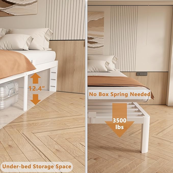 14 Inch White Queen Bed Frame with Metal Gaskets, Anti-Slip Mattress Stopper, No Box Spring Needed, Heavy Duty Steel Slat Support, DIY Headboard, Round Corner Leg, Easy Assembly