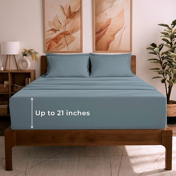 Mellanni King Sheet Set - 6-Piece Iconic Collection Bedding, (Including 4 Pillowcases), 21-Inch Extra Deep Pocket, Easy Care, Ultra Soft, Cooling Sheets, Brushed Microfiber - Spa Blue