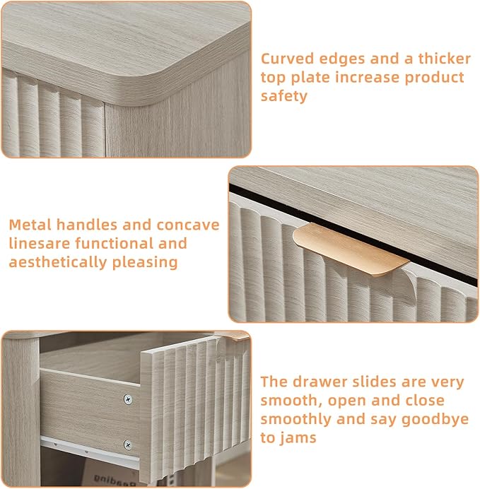 LEYAOYAO 23" Wide Fluted Night Stand with Charging Station, 1 Drawers Large End Table with Storage, LightGrey Nightstand Wood Bedside Tables, Farmhouse Cabinet Dresser for Bedroom, Closet