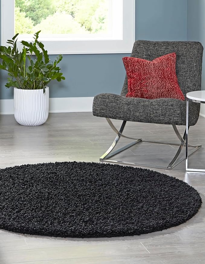 Unique Loom Solid Shag Collection Area Rug (6' 1" Round, Jet Black)