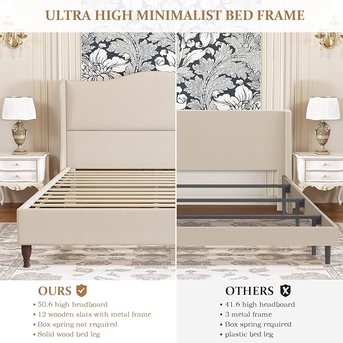 koorlian Full Size Bed Frame Upholstered Platform Bed with 51" Tall Headboard Wingback, Soft Fabric, Retro Simple Style Platform Bed No Box Spring Needed, Easy Assembly, Beige