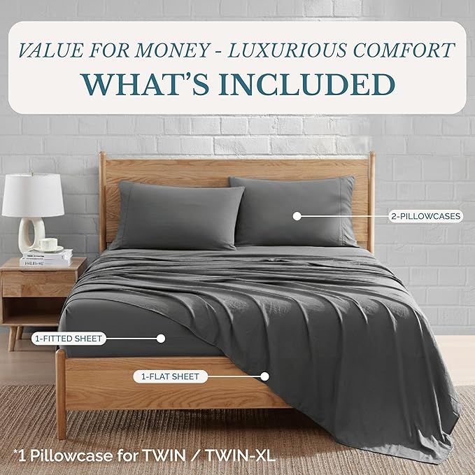 Casa Platino Charcoal 3Pc Brushed Microfiber Twin XL Bed Linen Set - Pre-Washed Ultra Soft, Breathable, Deep Pockets - Hypoallergenic