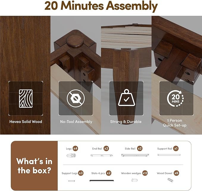Thor Bed Frame Queen - Solid Wood Platform Bed - Japanese Joinery Bed Frame - Wood Slat Support - No Box Spring Needed - Easy Assembly - Minimalist & Modern Style (Walnut)