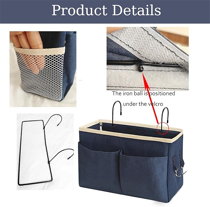 Someteth Bedside Caddy Bedside Hanging Storage Basket Multi-Function Organizer Caddy for Bunk and Hospital Beds Dorm Rooms Bed Rails, Can be Placed Glasses Books Mobile Phones（2pc Navy Blue）