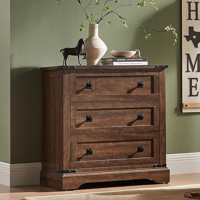 T4TREAM 32" Farmhouse Nightstand with Charging Station, Large End Table with 3 Storage Drawers, Rustic Wood Bedside Table for Bedroom, Living Room, Reclaimed Barnwood Color