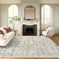 10x14 Area Rugs for Living Room, Non Slip Machine Washable Vintage Rugs, Low Pile Lightweight Large Rug for Bedroom, Dining Room, Home Office Blue Ivory