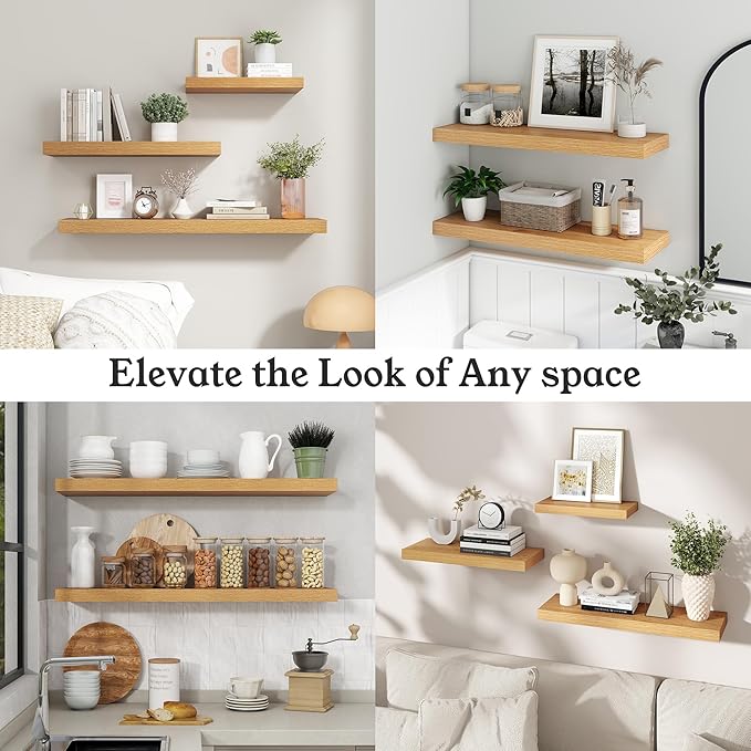 Floating Shelves for Wall, 9.3" Deep Wall Mounted Wood Shelves for Bathroom, Bedroom, Living Room, Kitchen, Hanging Shelf for Books/Storage/Room Decor (Oak, 55")