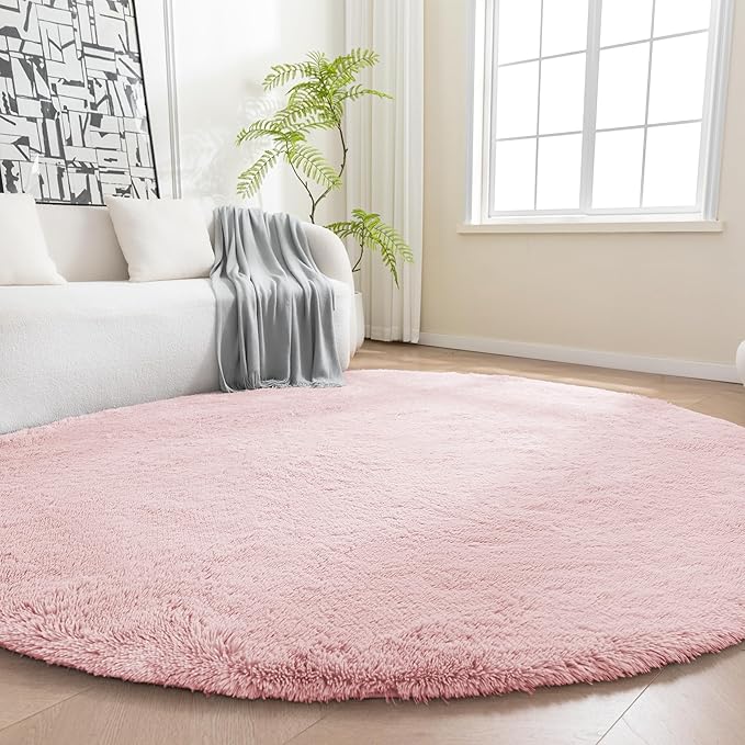 Amazon Basics Fluffy Washable Round Area Rug, Circle Shaggy Carpet for Living Room, Bedroom, Nursery, 6'R, Pink