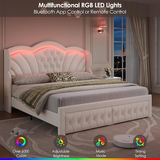 Keyluv King Bed Frame with LED Lights and 2 Storage Drawers, Velvet Upholstered Platform with 47" Tall Arc-Shaped Wingback Headboard and Button Tufted Design, No Box Spring Needed, Noise-Free, Beige
