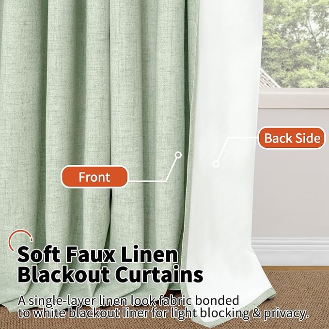 Sage Green Blackout Curtains for Living Room - Spring Linen Curtains 84 Inch Length Thermal Insulated Privacy Burlap Window Drapes for Bedroom Scandinavian Farmhouse, 2 Panels Each 52" Wide