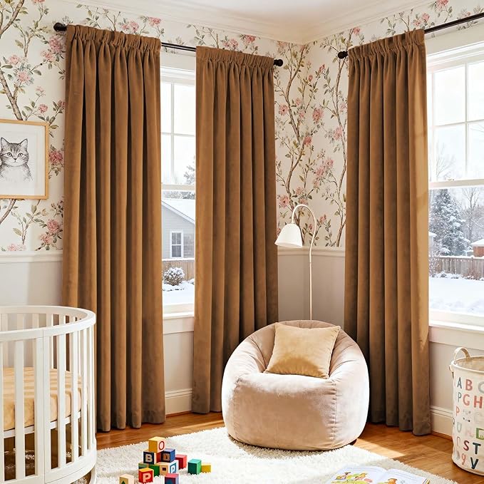 Lazzzy Velvet Blackout Curtains Thermal Insulated Room Window Drapes Super Soft Luxury Curtains for Living Room Bedroom Rod Pocket 2 Panels, Gold Brown, 62" W x 84" L