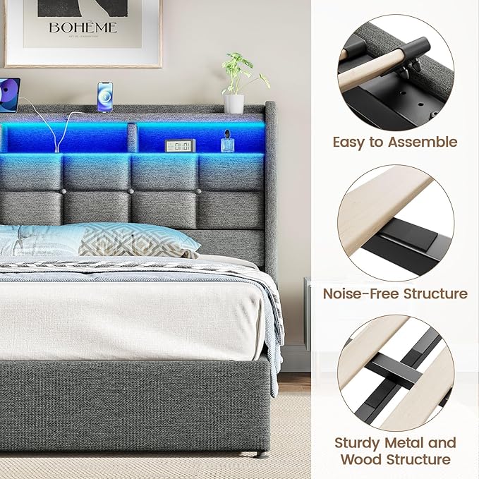 Lift Up Queen Bed Frame with Storage, Upholstered Bed Frame Queen Size with LED Lights Headboard and Charging Station, No Box Spring Needed, Easy Assembly - Light Grey