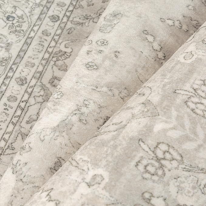Beige 6x9 Area Rug Washable Vintage Carpet for Living Room Bedroom Large Soft Retro Floral Low Pile Thin Indoor Rug Non Slip Central Medallion Floor Cover for Dining Room Office