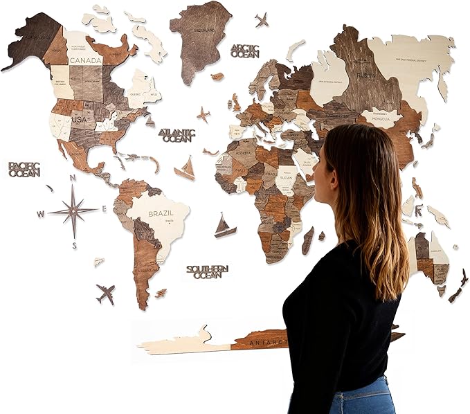 Handmade 3D Wood World Map Wall Art Large Wall Decor Track Your World Travels - Special for Home, Kitchen and Office (X-Large, Multicolor)